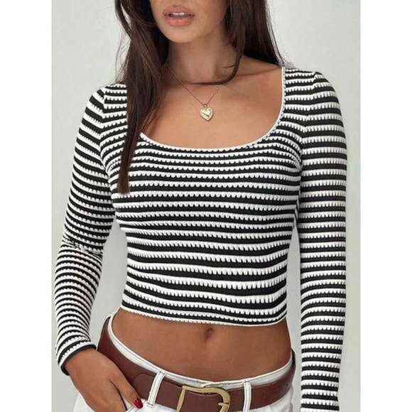 Women's Striped Knit Tops Casual Slim Fit Stylish Square Neck Long Sleeve Crop T - Picture 4 of 7
